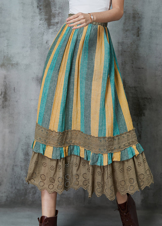 Green Striped Patchwork Linen Skirt Spring