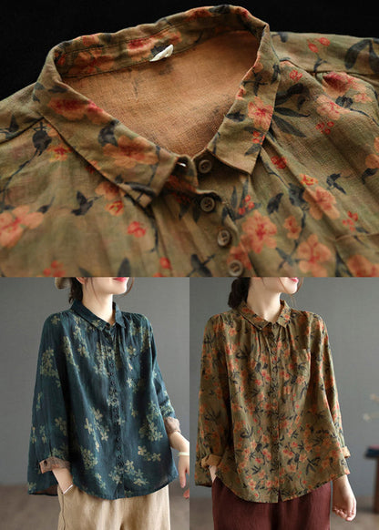 Dark Blue Peter Pan Collar Print Linen Shirt Long Sleeve