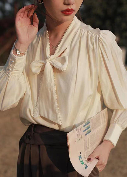 Classy Apricot Lace Up Pearl Cotton Blouses Fall