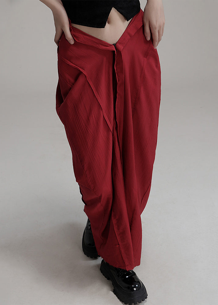Red Asymmetrical Pockets Cotton Maxi Skirts Spring
