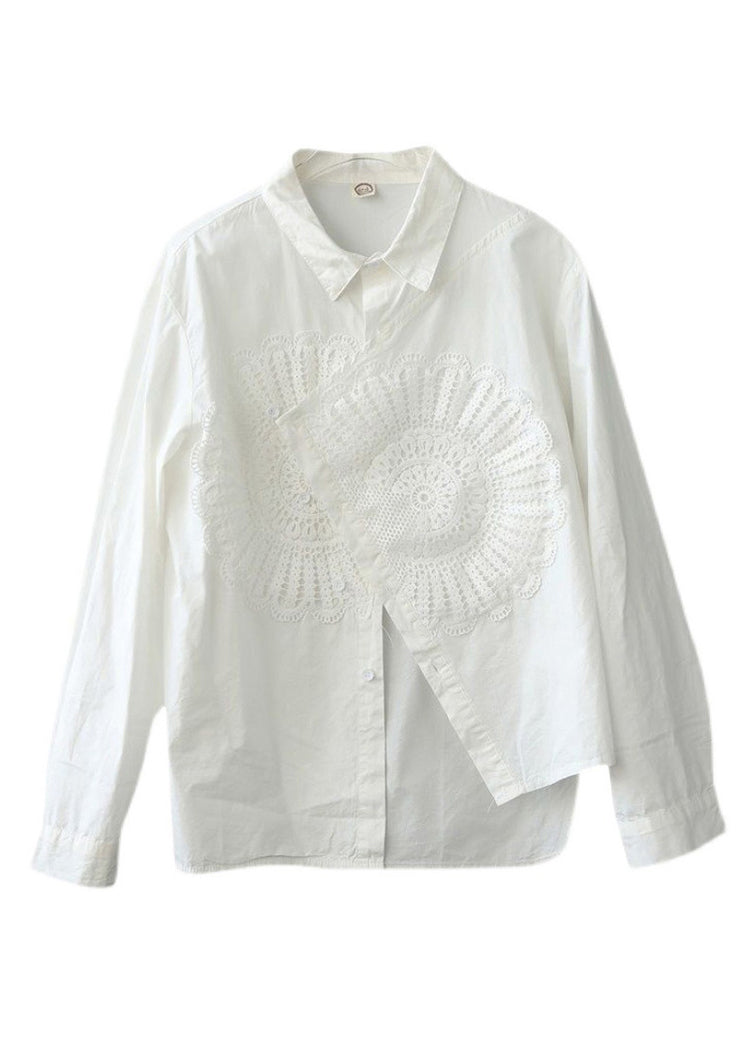 White Asymmetrical Patchwork Lace Blouses Spring