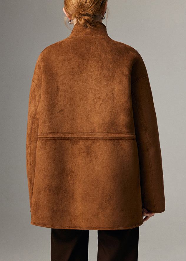 Fine Coffee Stand Collar Pockets Fleece Wool Leather and Fur Lined Coat Winter