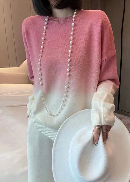 Rose Gradient Color O-neck Cozy Cashmere Knit Sweaters Fall