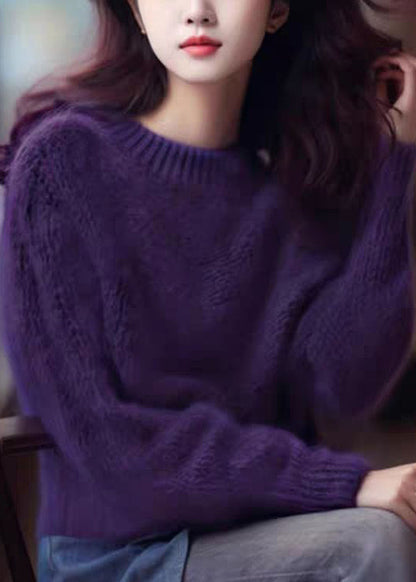 Simple Purple Cozy Cotton Knit Top Long Sleeve