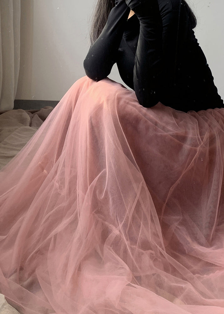 French Pink Asymmetrical Wrinkled Tulle Skirt Winter