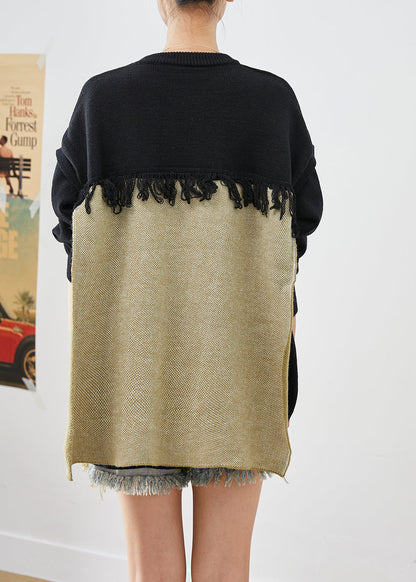 Colorblock Tasseled Patchwork Knitted Tops Fall