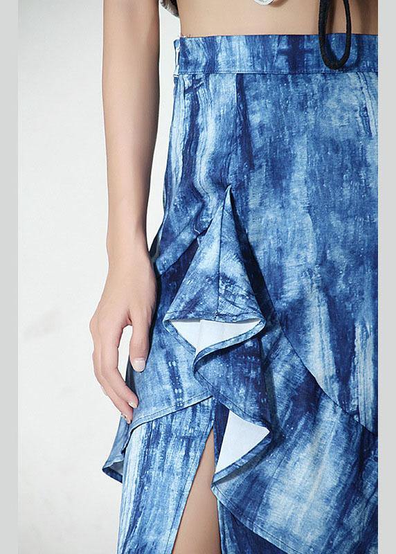 Blue Tie Dye Asymmetrical Design Ruffles Skirts