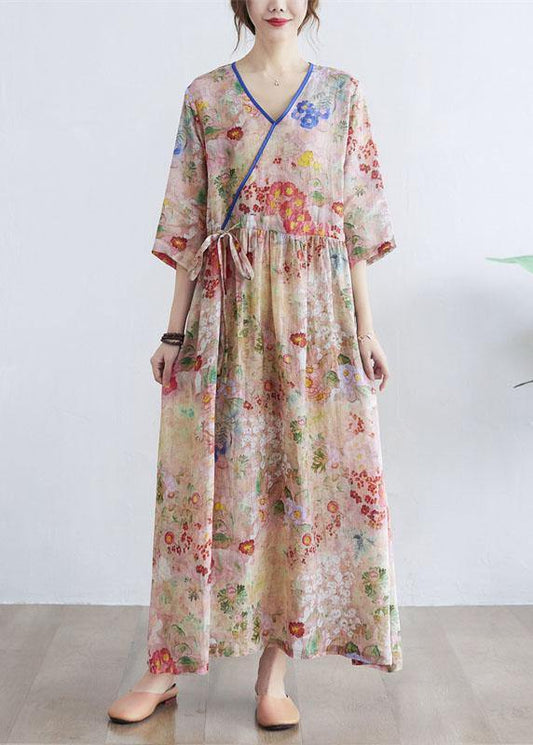 Simple Print V Neck Summer Tie Waist Long Dresses Half Sleeve