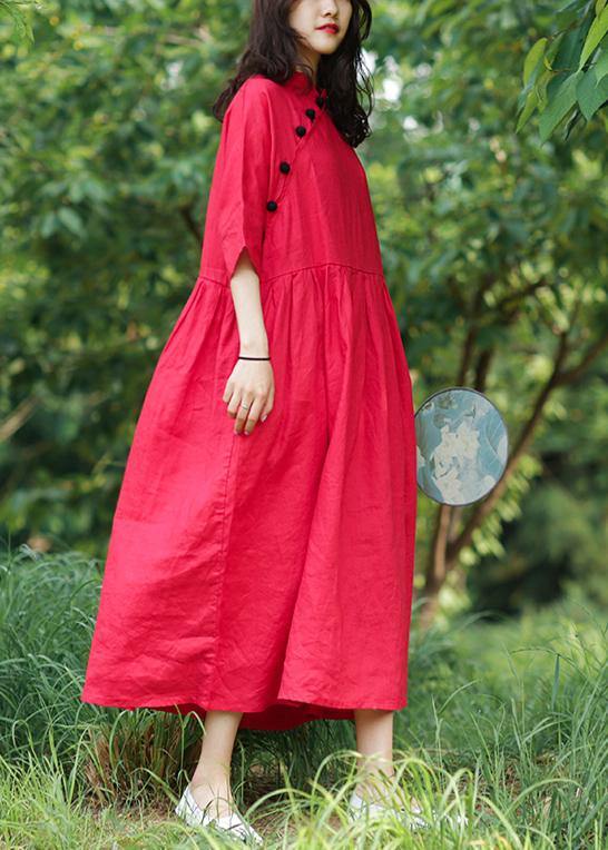 Red Cotton Tunics Stand Collar Cinched a Line Dresses