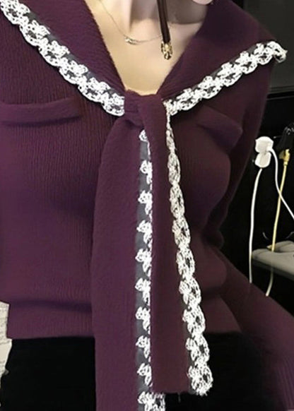Purple Sailor Collar Lace Patchwork Knit Sweater Winter