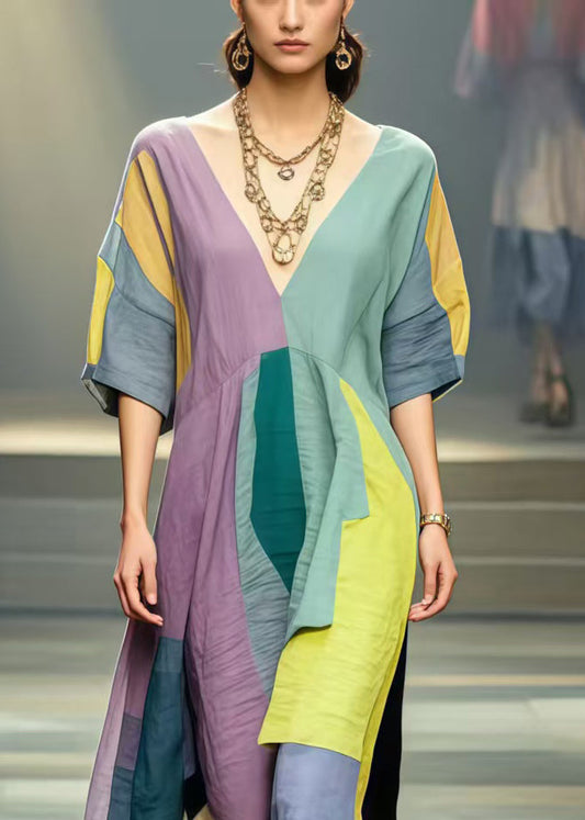 Colorblock Patchwork Cotton Long Dresses Asymmetrical Summer