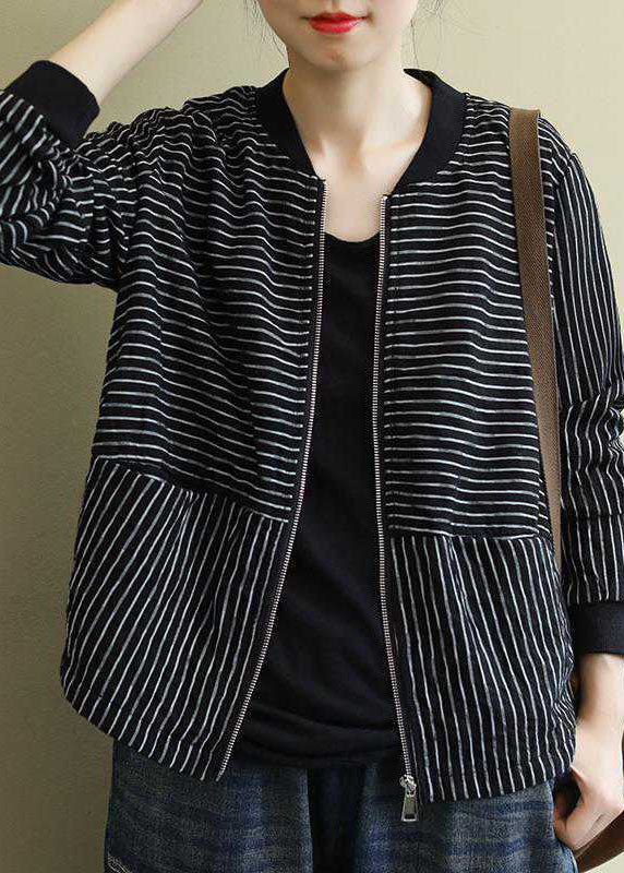Street Black Striped Zippered Pockets Fall Jacket Long Sleeve