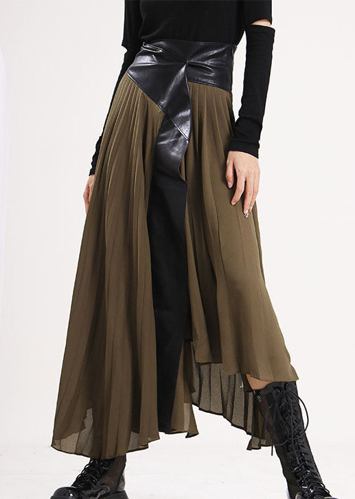 Army Green Asymmetrical Faux Leather Patchwork Chiffon Skirts Spring
