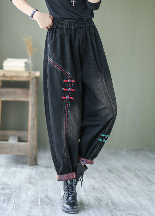 Natural Black Button Denim Harem Pants Spring