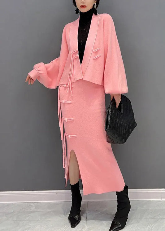 Pink V Neck Button Woolen Top and Maxi Skirts Two Pieces Set Winter