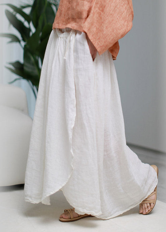 Stylish White Asymmetrical Pockets Wrinkled Tie Waist Linen Skirt Summer