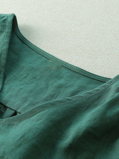 Pure Color V Neck Half Sleeve Linen Tee Top