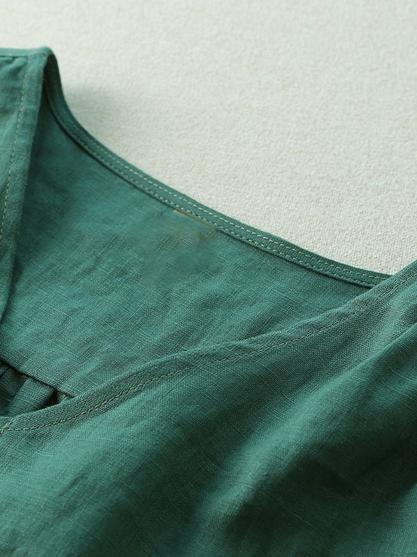 Pure Color V Neck Half Sleeve Linen Tee Top