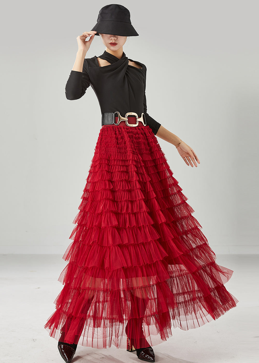 Organic Red Elastic Waist Layered Tulle a Line Skirt Summer
