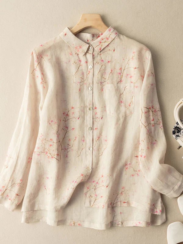 Print Long Sleeve Linen Shirt Top