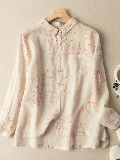 Print Long Sleeve Linen Shirt Top
