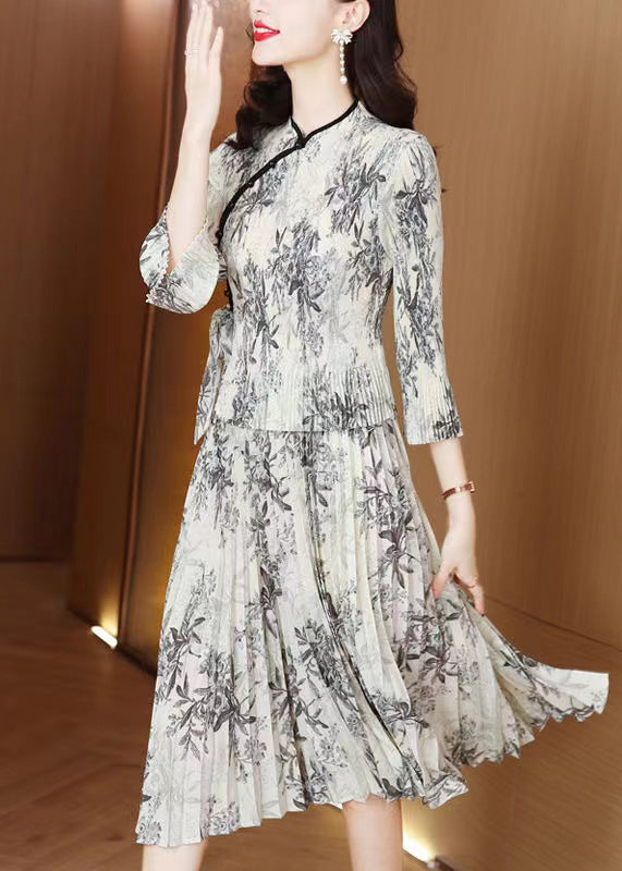 Grey Print Chiffon Oriental Dress Summer