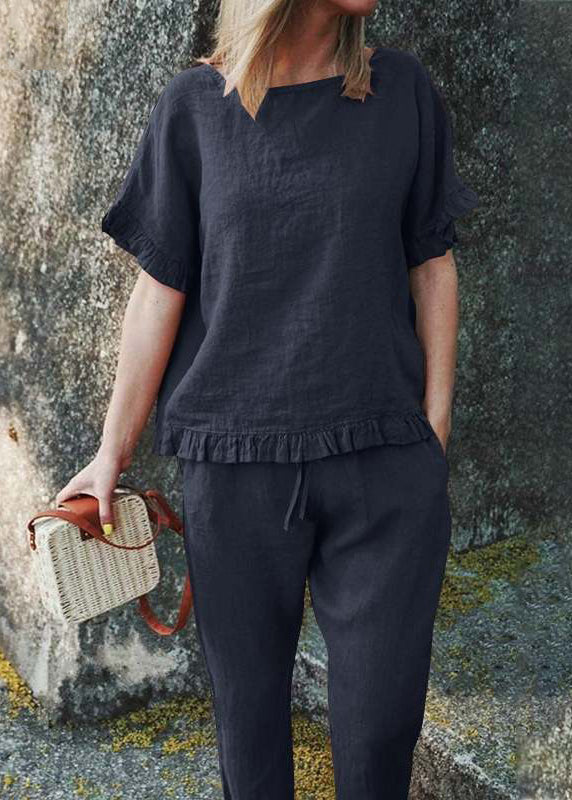 Black Ruffled Patchwork Top and Crop Pants Two Pieces Set Short Sleeve