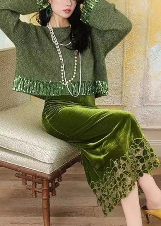 Fitted Green Knit Sweaters and Velour Skirts Two Piece Suit Set Spring