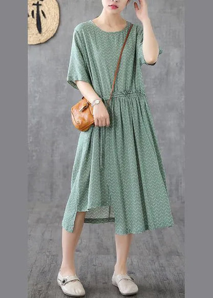 Green Print Linen Dresses O Neck Asymmetric Loose Summer Dress