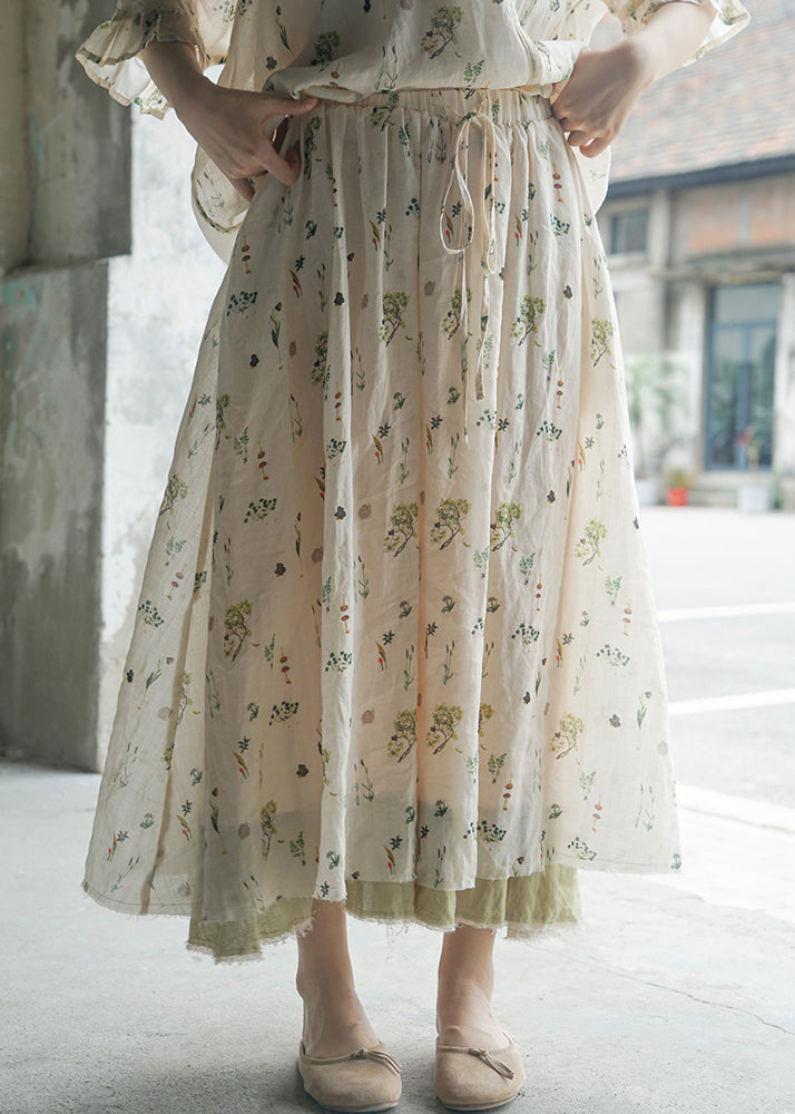 Brief White Elastic Waist Drawstring Print Linen Skirts Spring