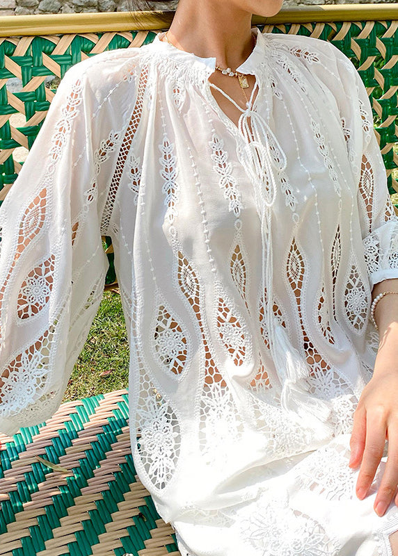 Art White Embroidered Hollow Out Cotton Shirt Summer