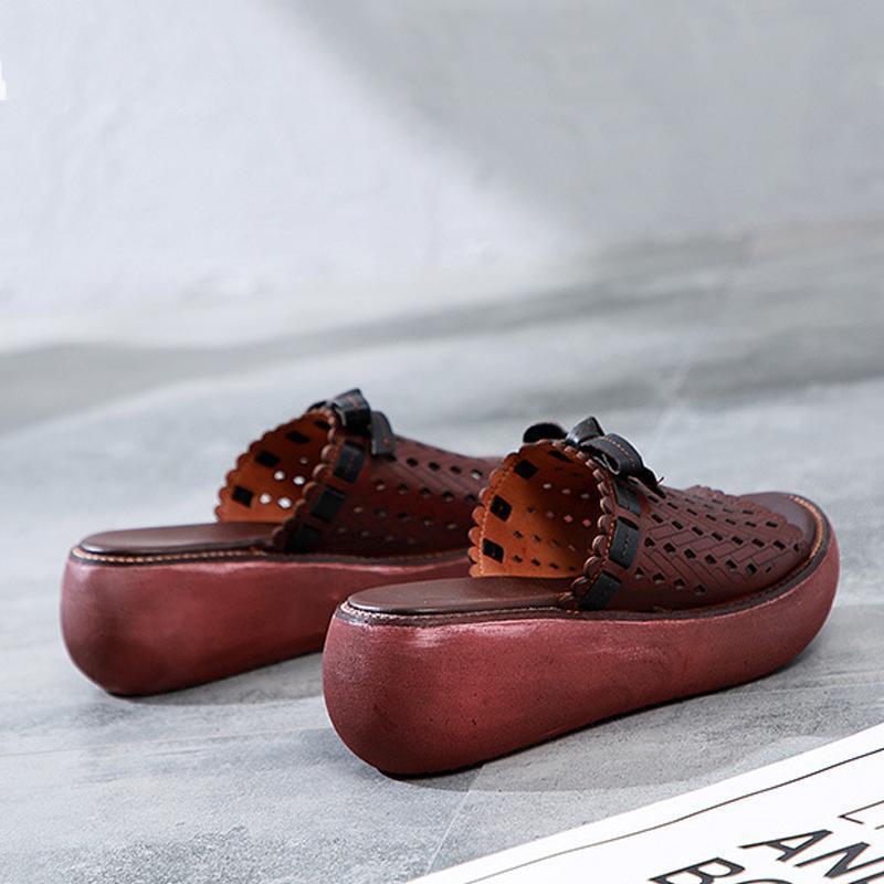 Leather Hollow Out Wedge Slippers