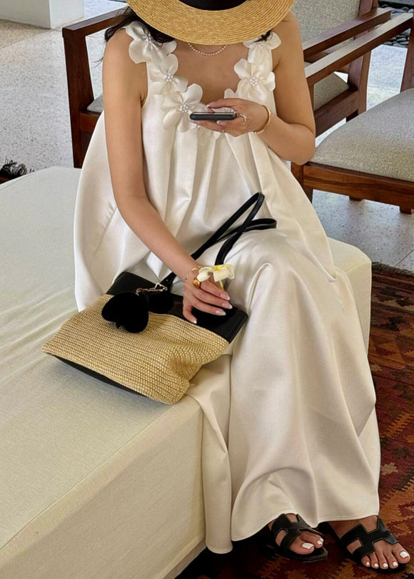 New White Cotton Maxi Dresses Sleeveless