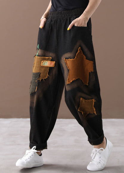 Black Pockets Denim Pants Winter