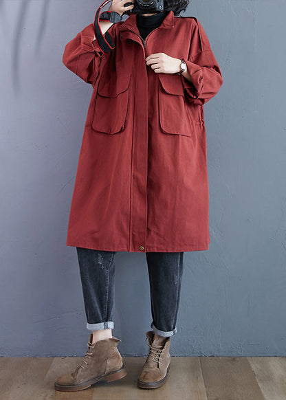 Brick Red Zip Up Pockets Patchwork Cotton Trench Coats Fall