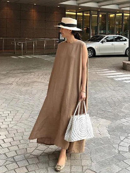 O Neck Side Open Linen Cotton Clothes Fabrics Khaki Dress