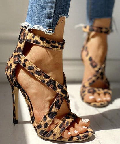 Soft Leopard Print Cross Strap Zippered Stiletto Sandals Velour Fabric