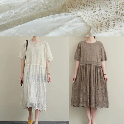 Chocolate Embroidery Cotton Tunics Patchwork Hollow Out Maxi Dress