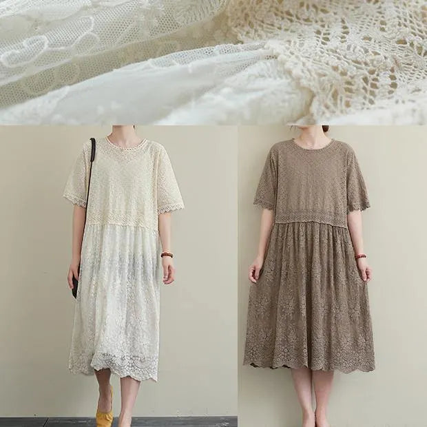 Chocolate Embroidery Cotton Tunics Patchwork Hollow Out Maxi Dress