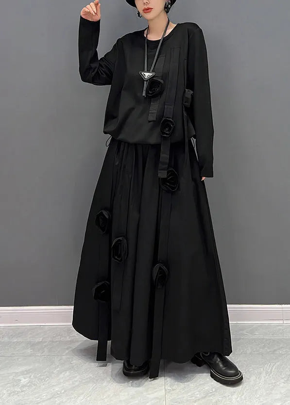 Loose Black O-neck Top and Maxi Skirts Two Pieces Set Fall