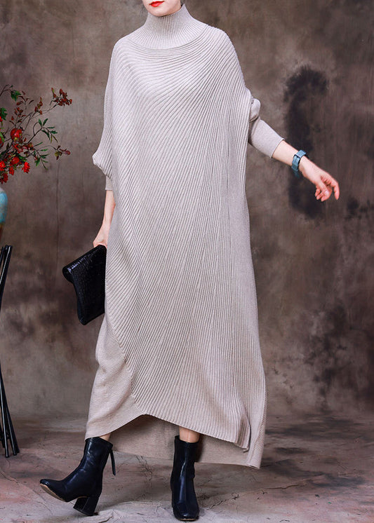 Apricot Turtleneck Low High Design Woolen Knit Ankle Sweater Dress Long Sleeve