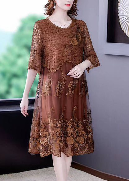 Brown O-neck Embroidered Lace Vacation Dresses Half Sleeve