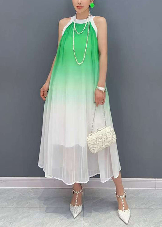 Gradient Color Green O-neck Chiffon Maxi Dresses Sleeveless