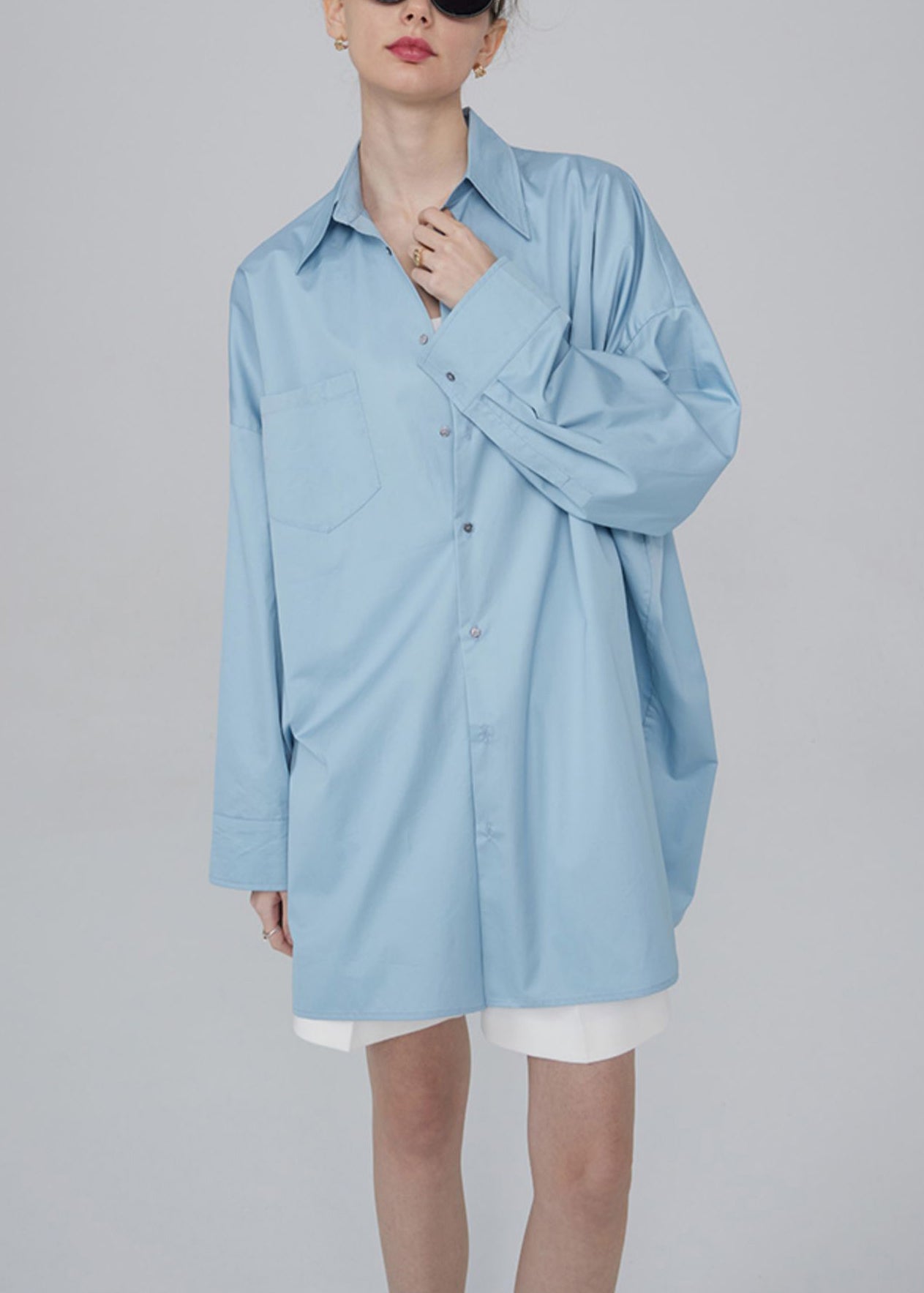 Blue Button Pockets Patchwork Cotton Blouses Fall