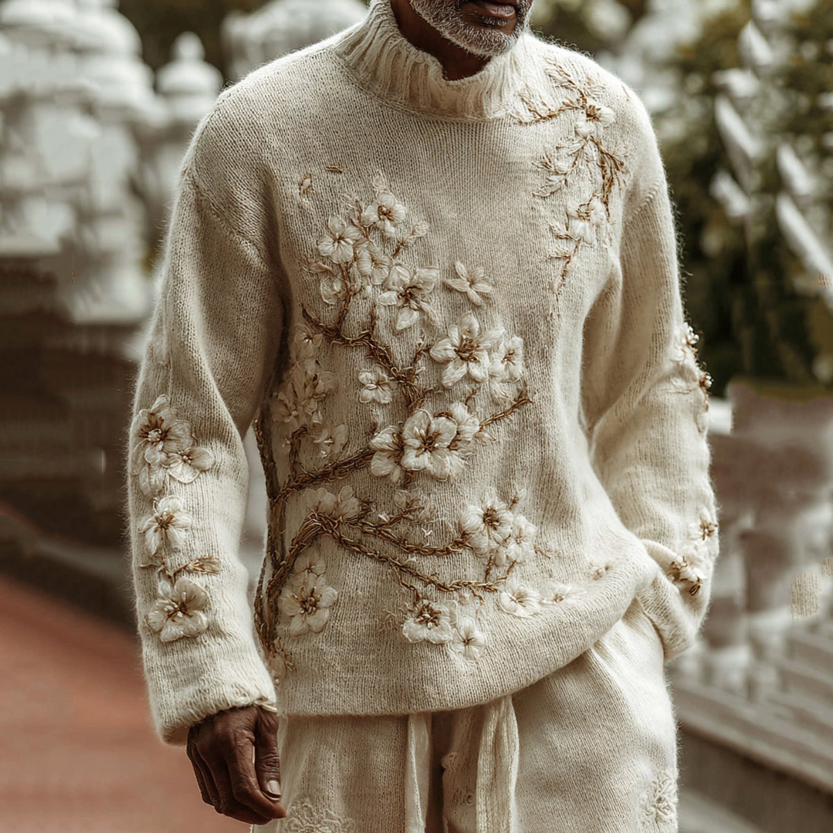 Men's Classic White Almond Blossom Art Jacquard Thick Warm Turtleneck Sweater artswardrobe