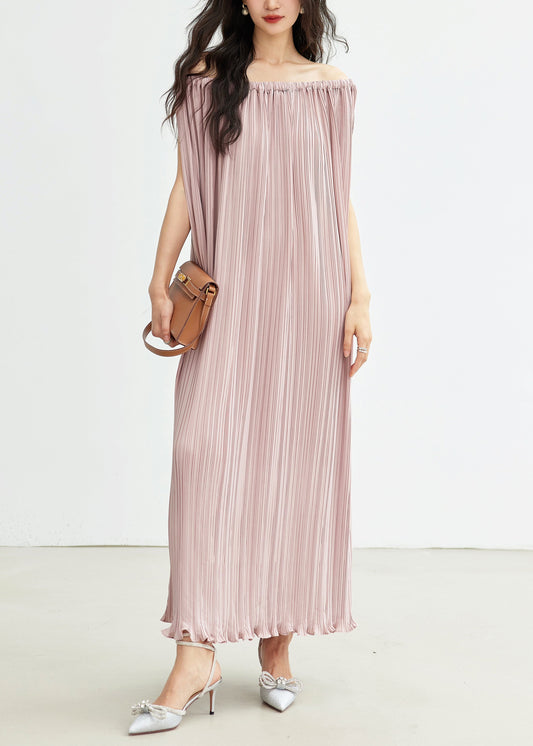 Pink Slash Neck Wrinkled Cotton Long Dresses Summer