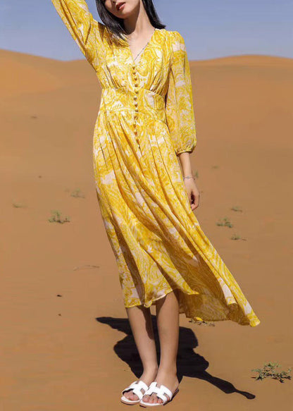 Yellow V Neck Print Chiffon Long Dresses Fall