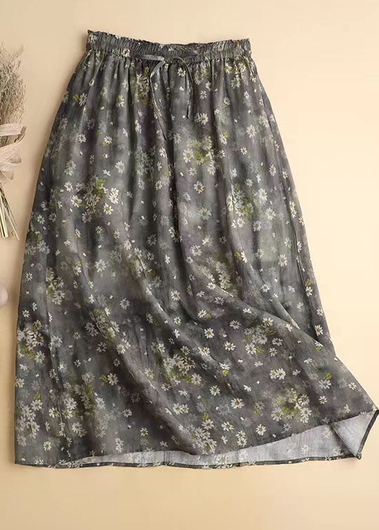 Red Drawstring Elastic Waist Print Chiffon Skirt Spring