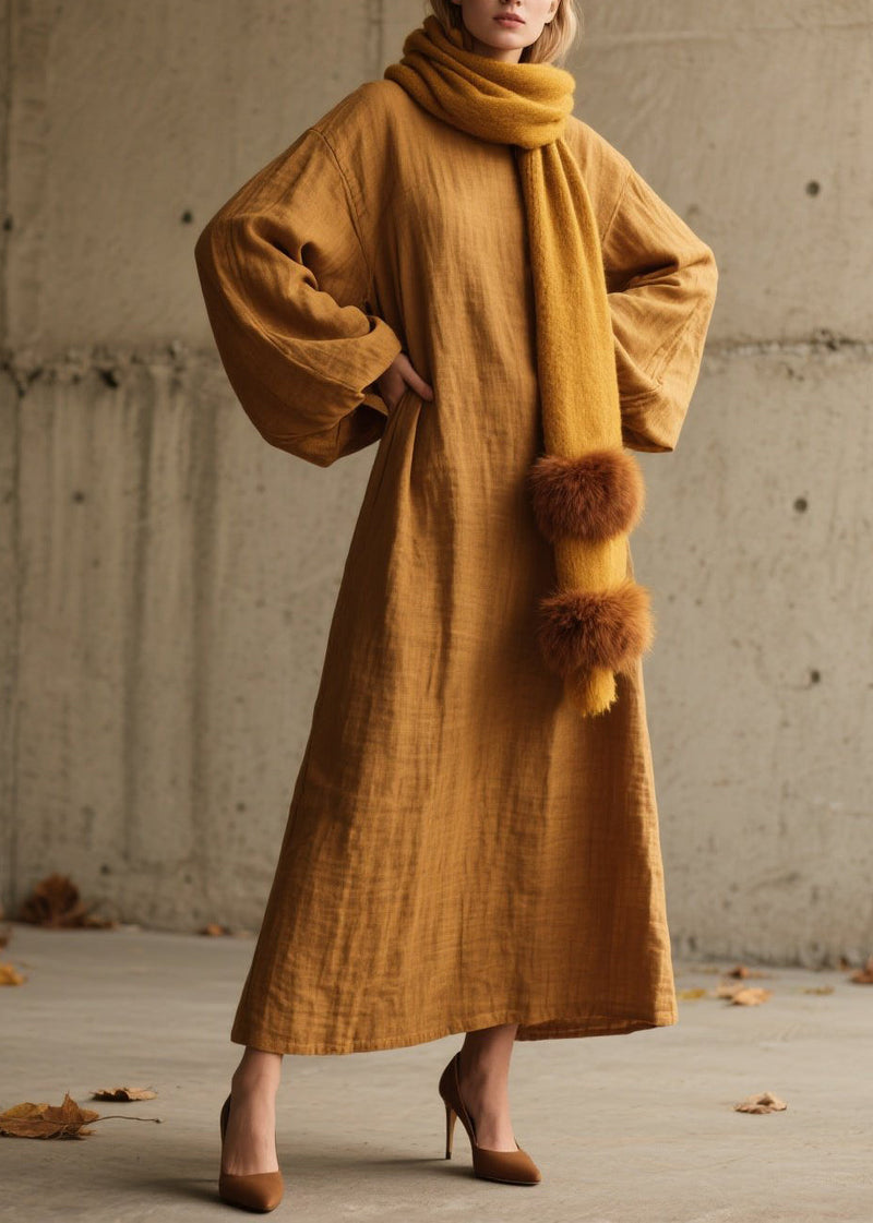 Simple Yellow O Neck Cotton Long Dress Lantern Sleeve