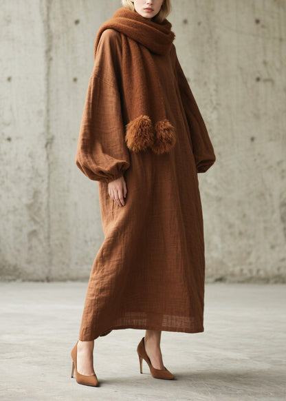 Brown Oversized Cotton Long Dresses Lantern Sleeve